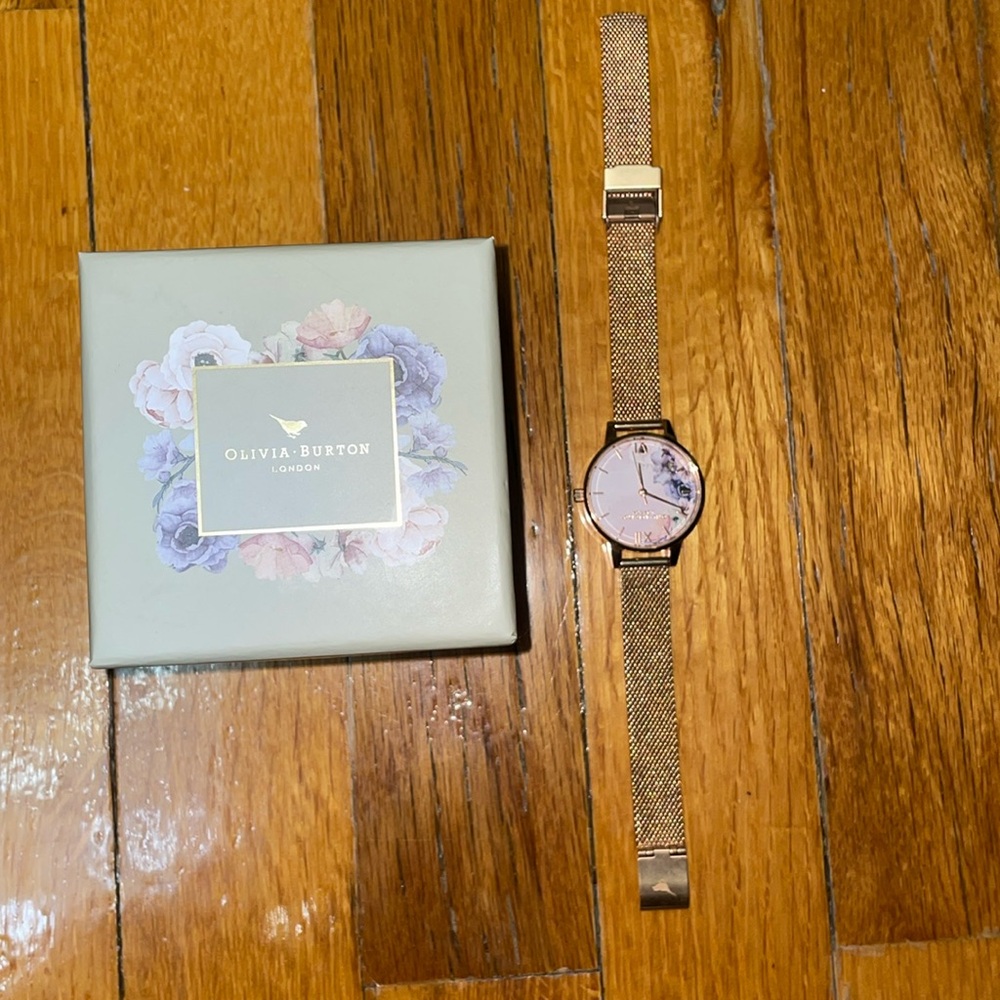Olivia Burton floral watch with mesh rose gold strap